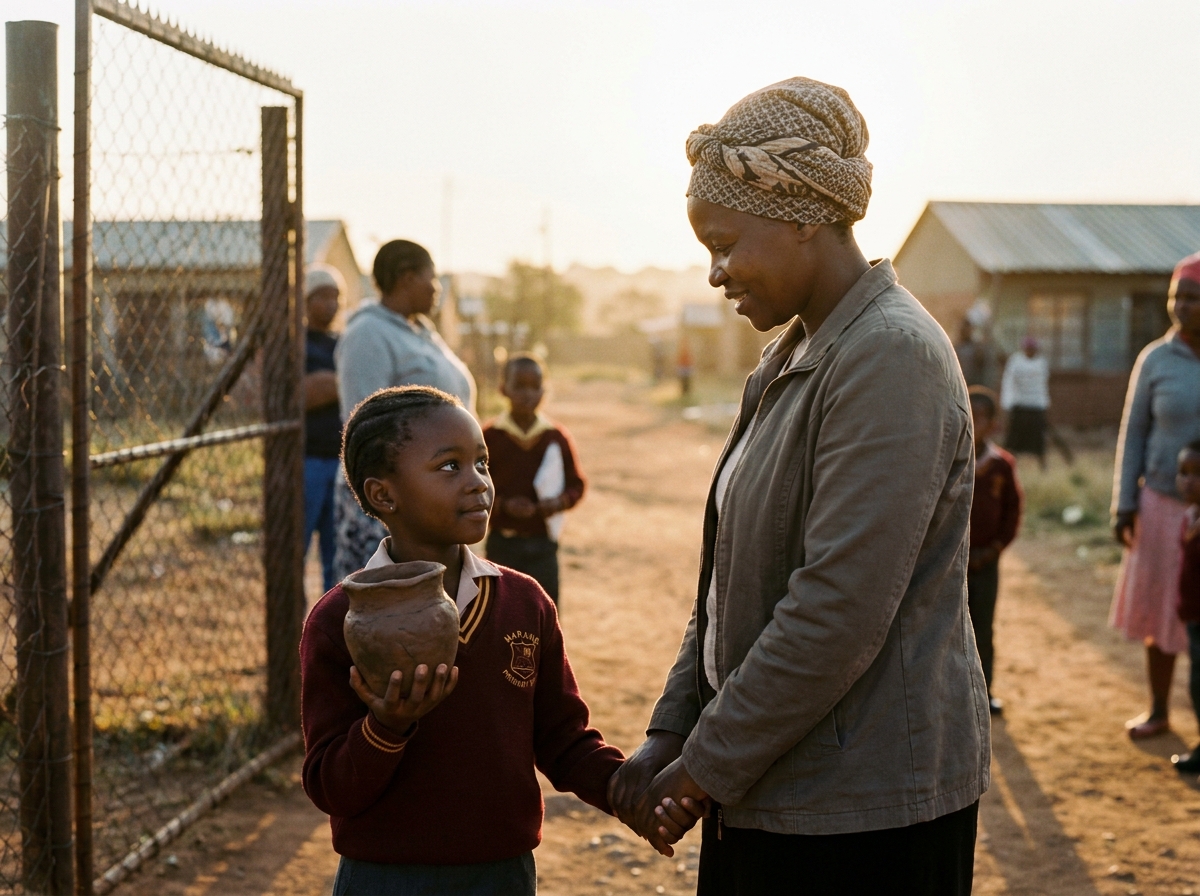 A mother and her Grade 2 daughter at the school gate at the end of the day; the daughter is holding a clay pot she made in art class, smiling shyly.