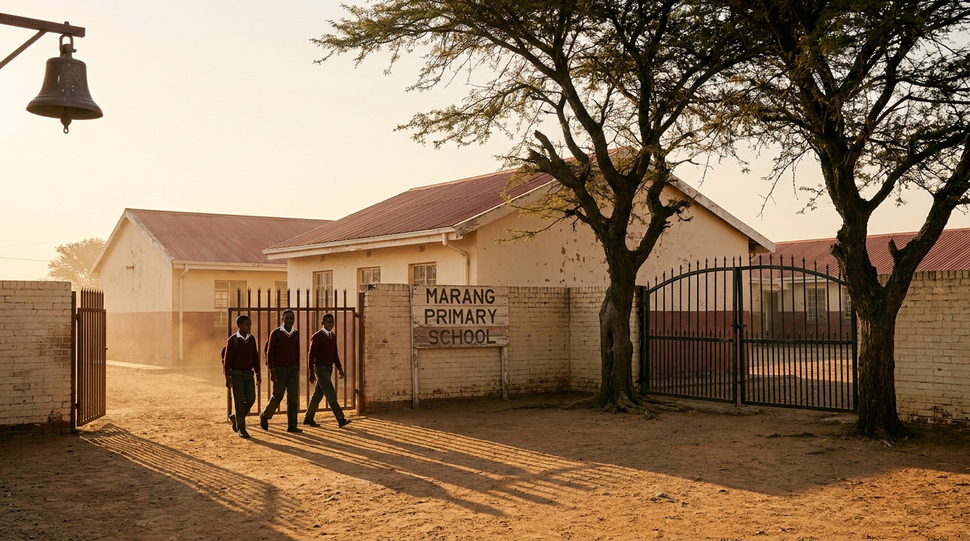 A wide view of Marang Primary School's main building at sunrise, with the morning bell still ringing and learners arriving through the side gate.