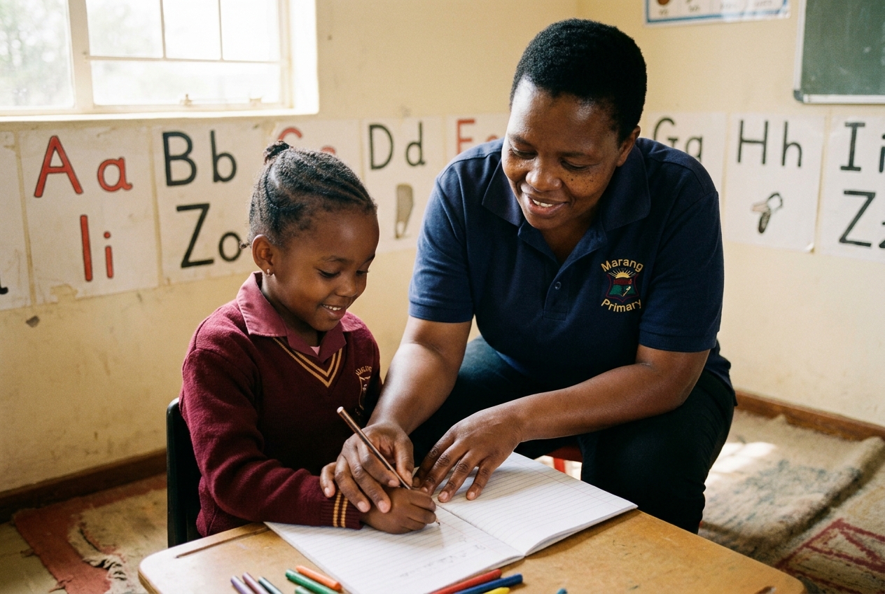 A teacher kneeling beside a Grade 1 learner, helping her hold a pencil correctly. Both are smiling; the classroom wall has hand-painted Setswana alphabet posters.