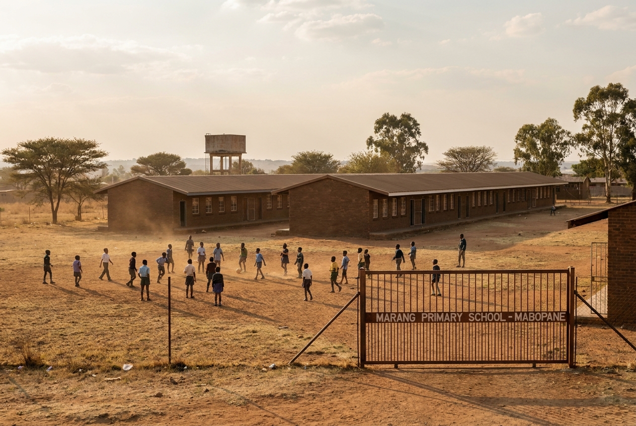 An aerial-feel view of the Marang Primary School grounds: brown brick buildings, an iron gate with the school sign, and the dust playing field where afternoon athletics happens.