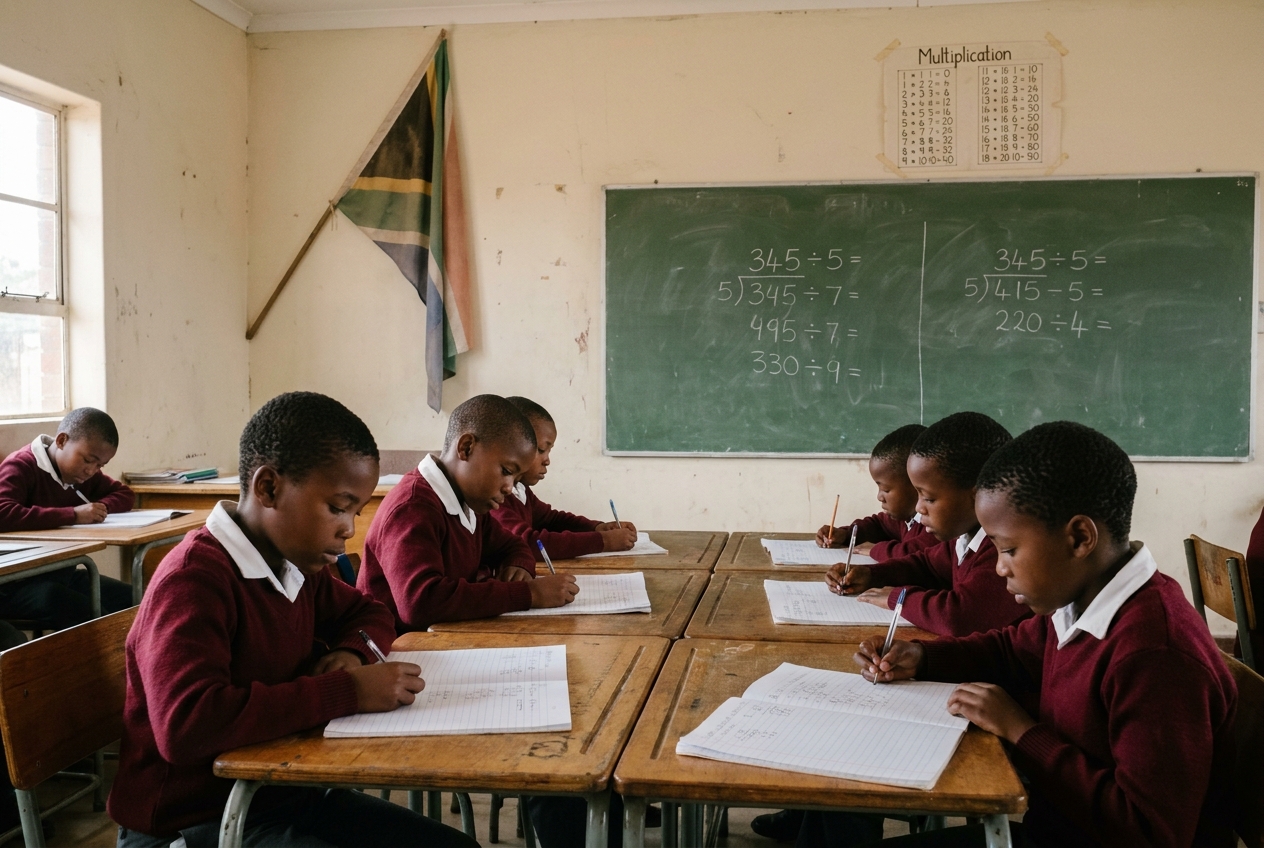 Inside a Grade 4 classroom at Marang Primary: rows of wooden desks, a worn green chalkboard, and learners working on long-division on lined paper.