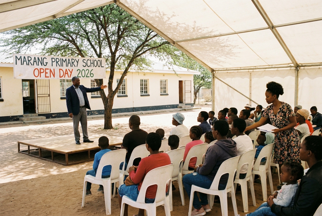 Parents and children at the Marang Primary School Open Day, sitting under a marquee on the school grounds, listening to the principal speak.