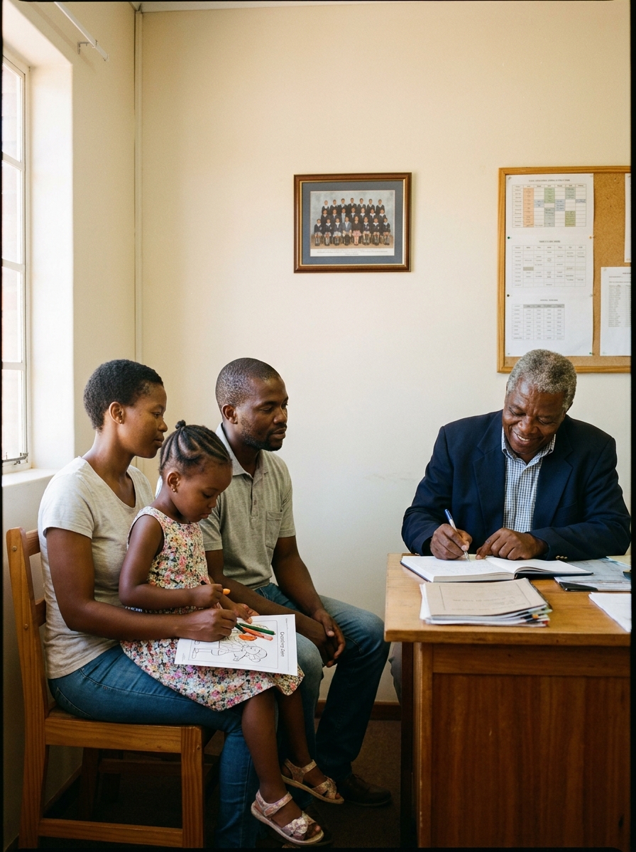 A small group of new families seated for the family interview, with the principal at a desk taking notes.