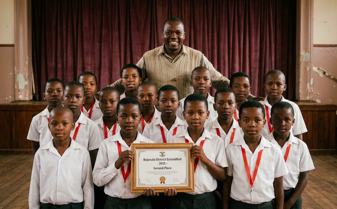 Marang Primary's choir holding their second-place certificate at the 2025 Bojanala District Eisteddfod.