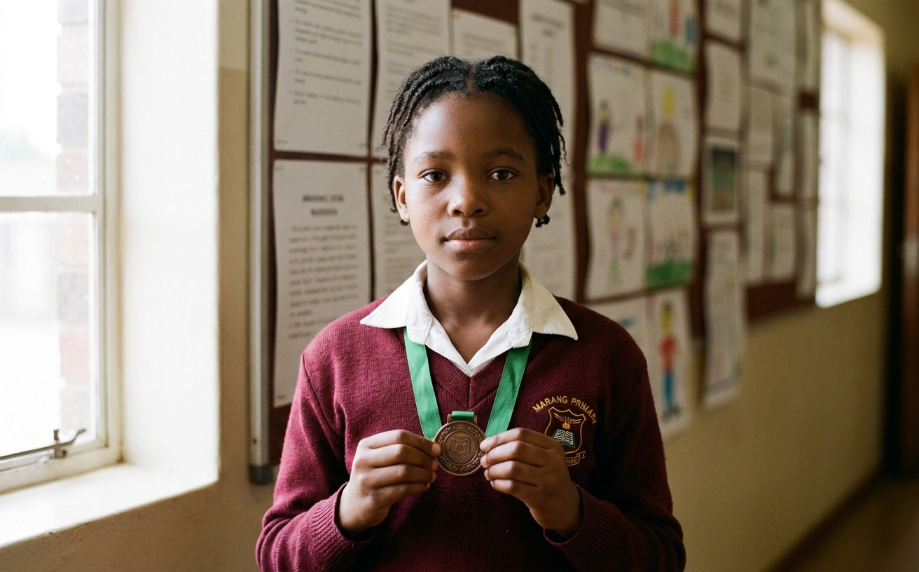 A Grade 5 learner holds her medal from the Bojanala District spelling bee.