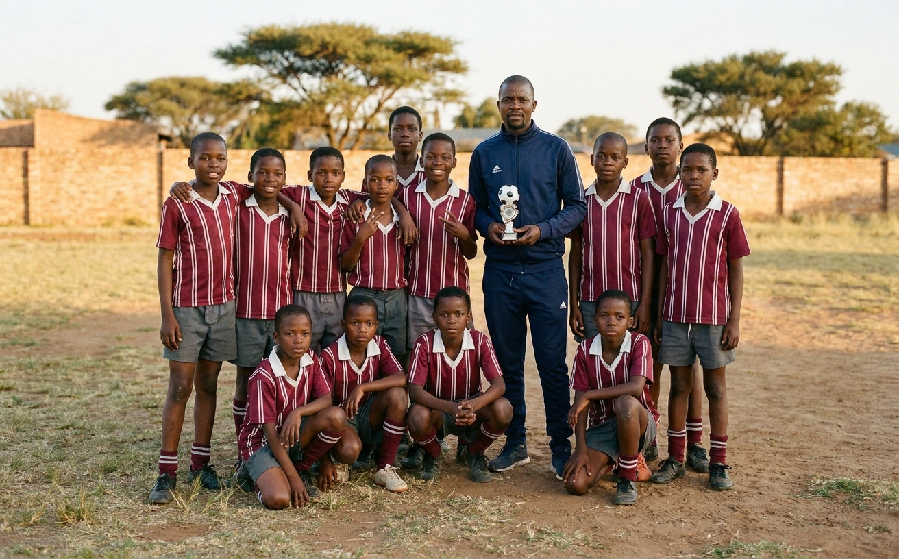 The Marang u11 mini-soccer team holding the local league runners-up trophy.
