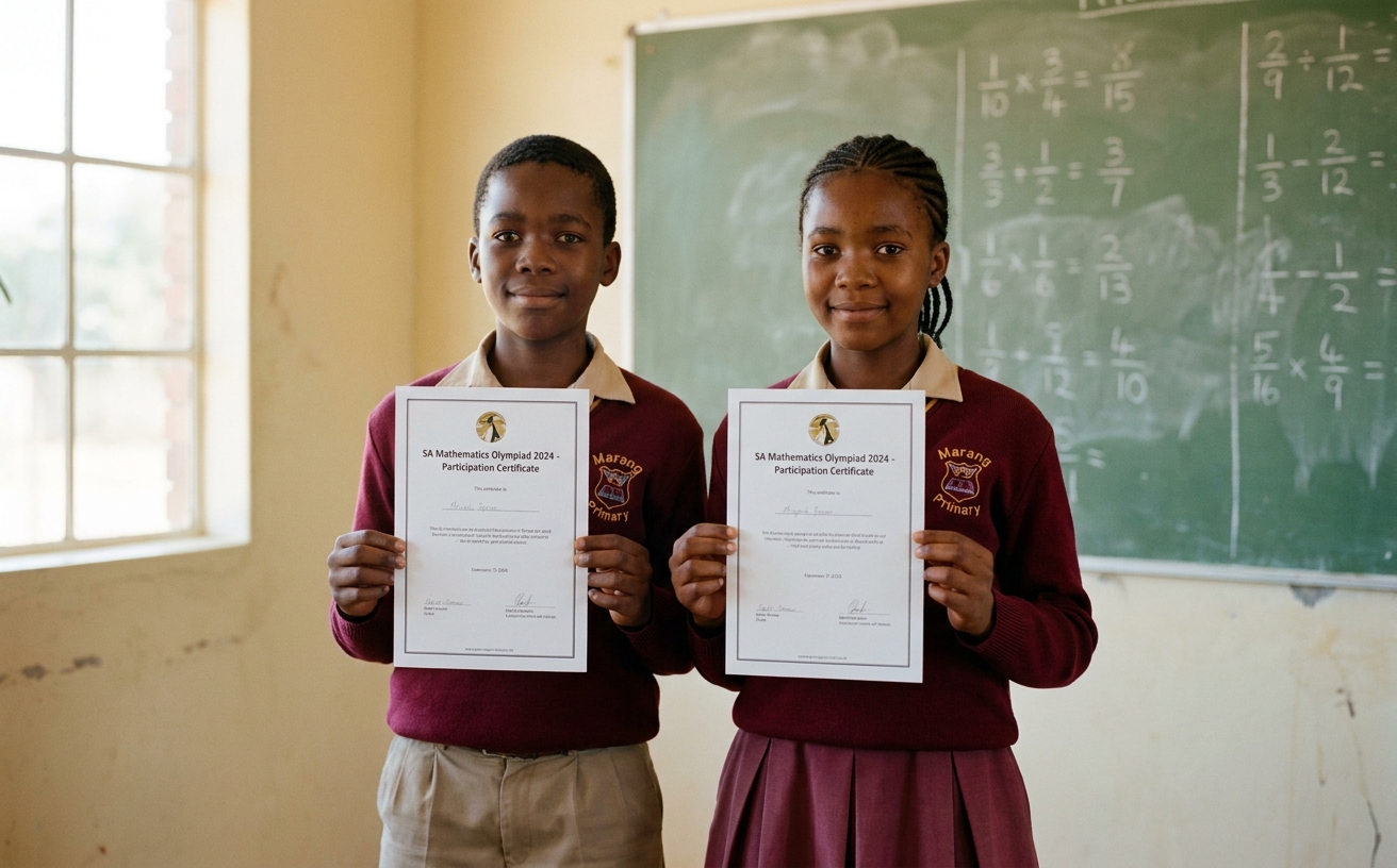 Two Grade 6 learners proudly hold their Maths Olympiad participation certificates.