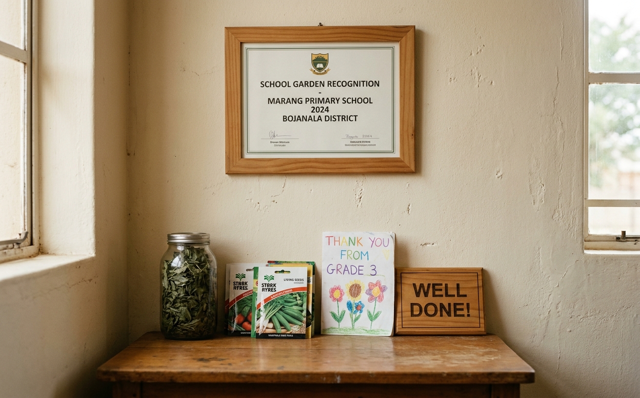 A Department of Basic Education school-garden recognition certificate hanging in the school office.
