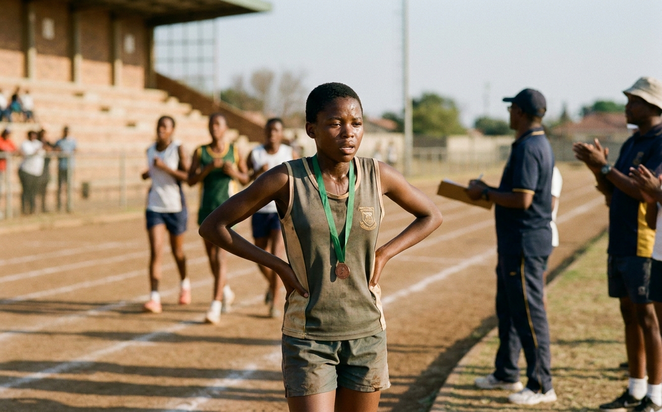 A learner runs across the finish line at the district athletics meeting, holding her bronze medal afterwards.