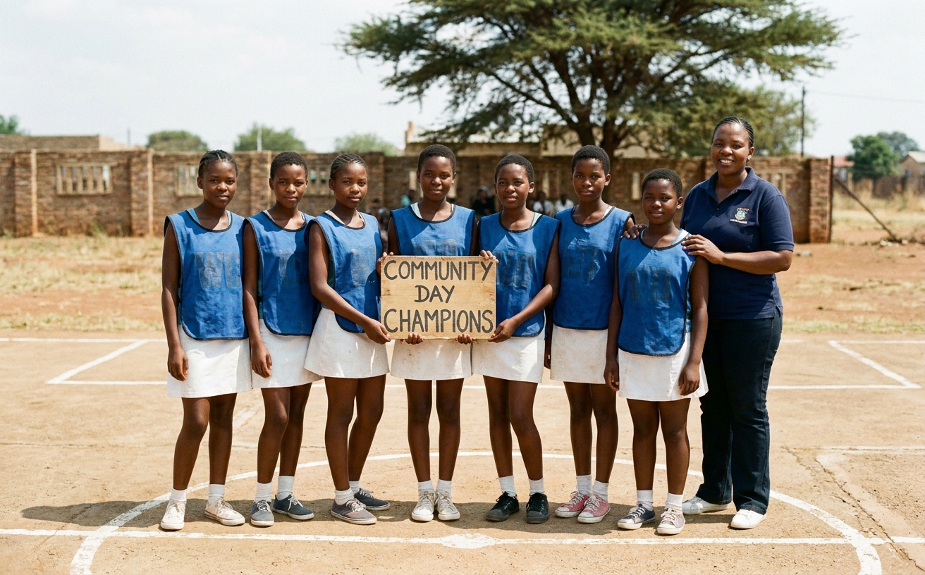 The Marang u13 girls' netball team during a community-day exhibition match.