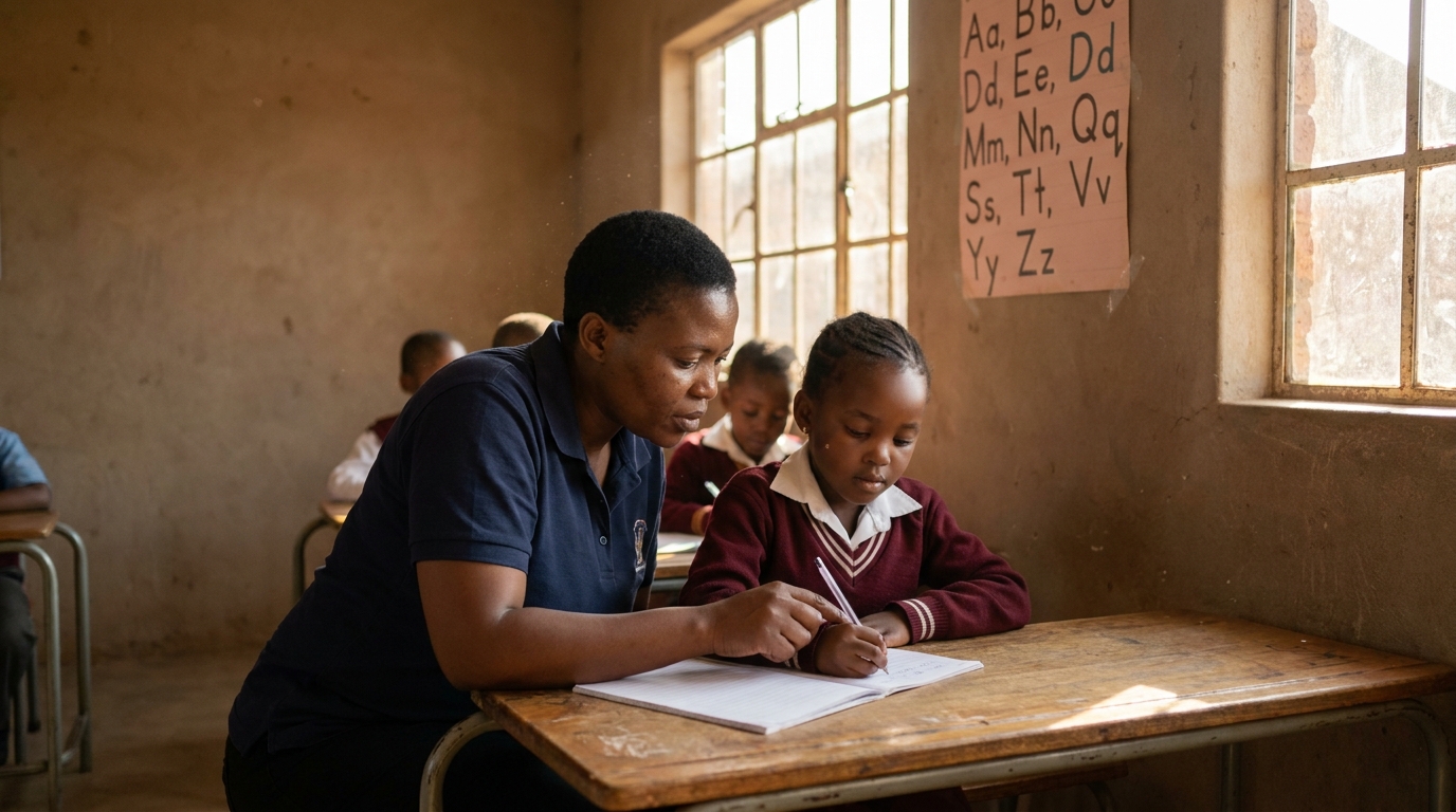 A Grade 3 teacher kneels beside a learner, helping her form letters in her exercise book at Marang Primary School.