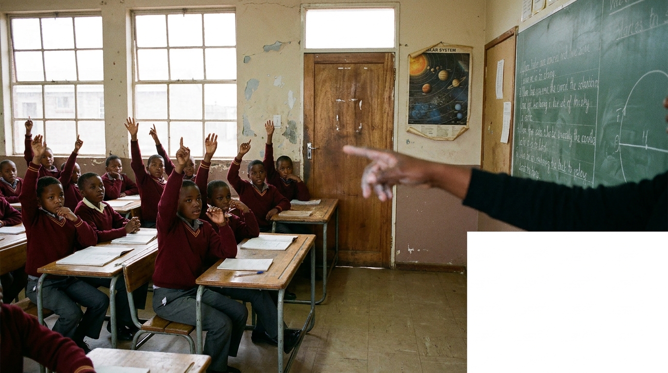 Learners in maroon jerseys raise their hands eagerly during a morning lesson at Marang Primary School.