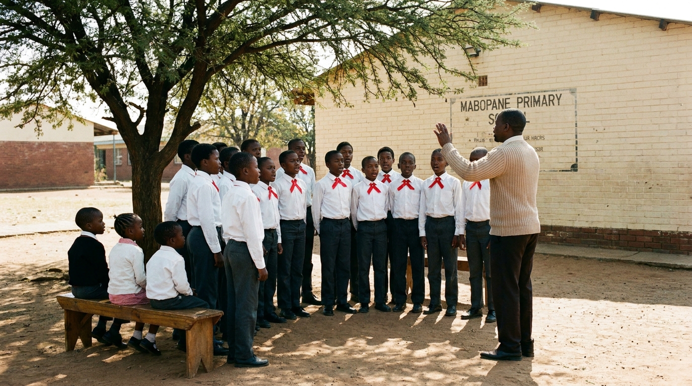 A small choir of learners practises a Setswana hymn under the Acacia tree on Marang's school grounds.