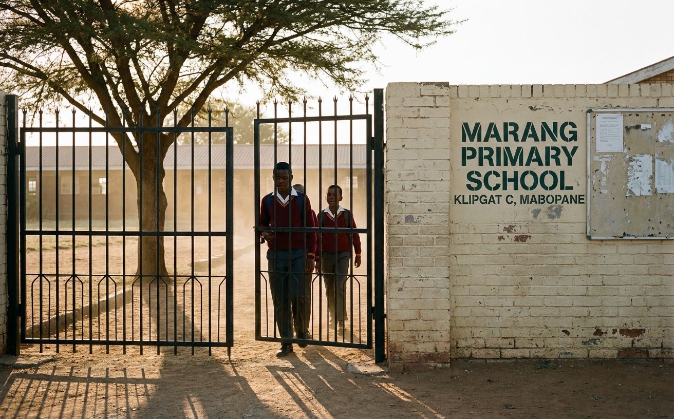 The front gate of Marang Primary School in late afternoon, with the school name painted on the wall and the Acacia tree casting long shadows.