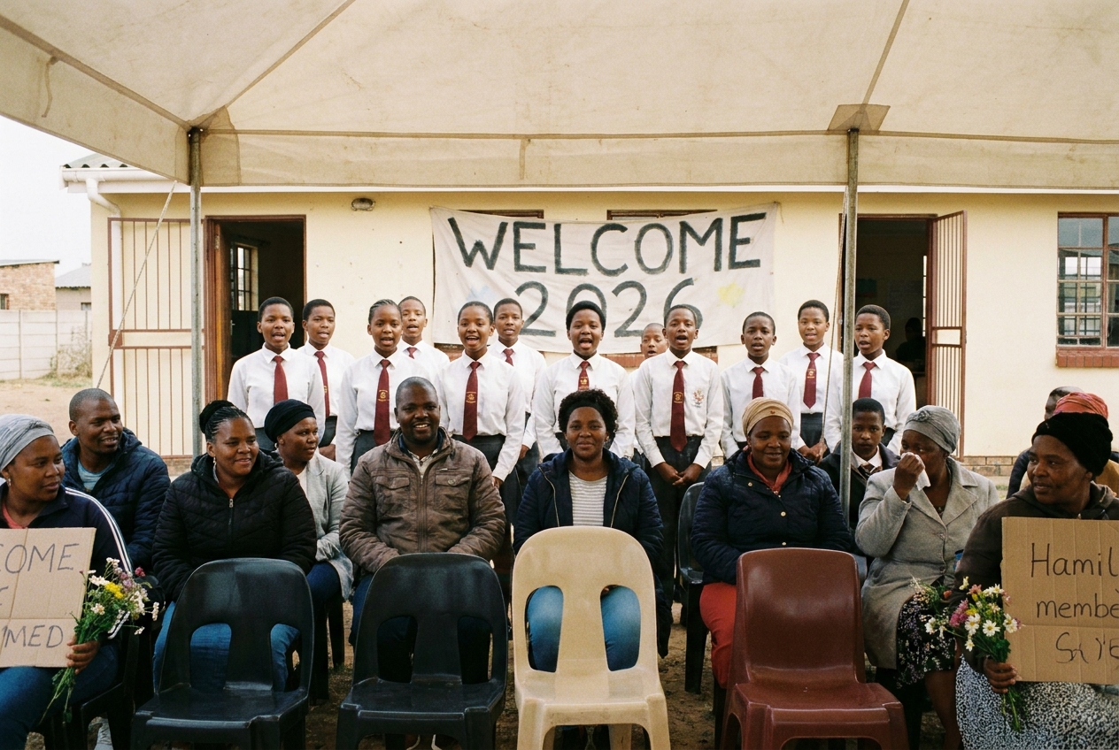 Grade 7 learners performing the welcome song at Marang Primary School's 2026 opening assembly.