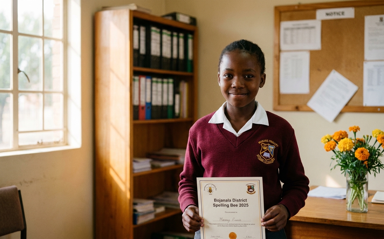 A Grade 5 learner holds up the certificate she received at the Bojanala District spelling bee.