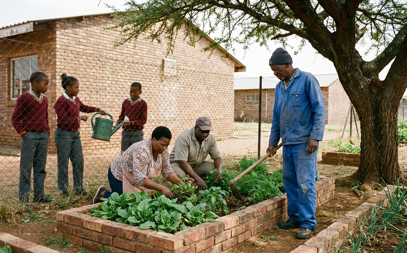 Volunteer parents and the school caretaker tend to the new vegetable garden along the eastern fence of Marang Primary.