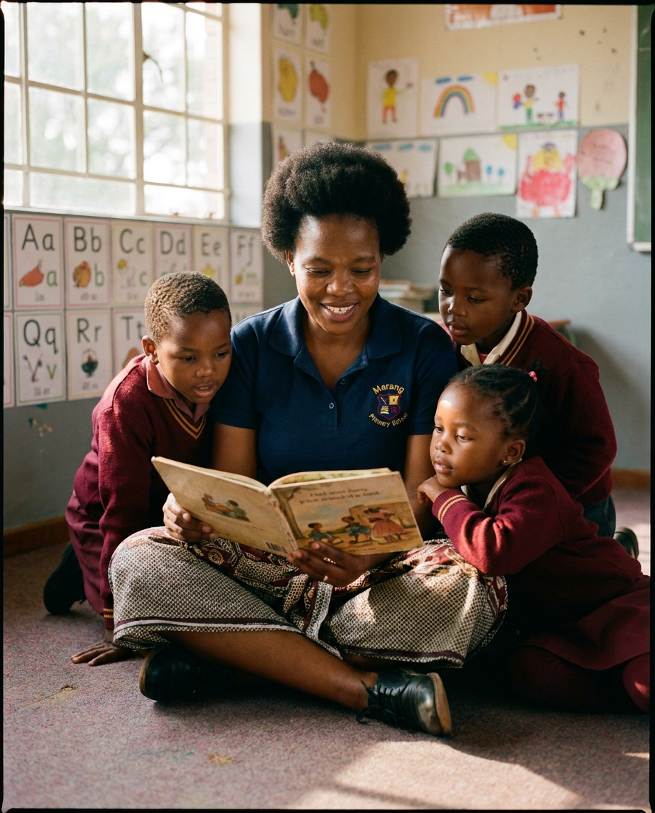 A teacher in a Marang Primary School polo shirt reading aloud to a small reading-corner group of Grade 2 learners.