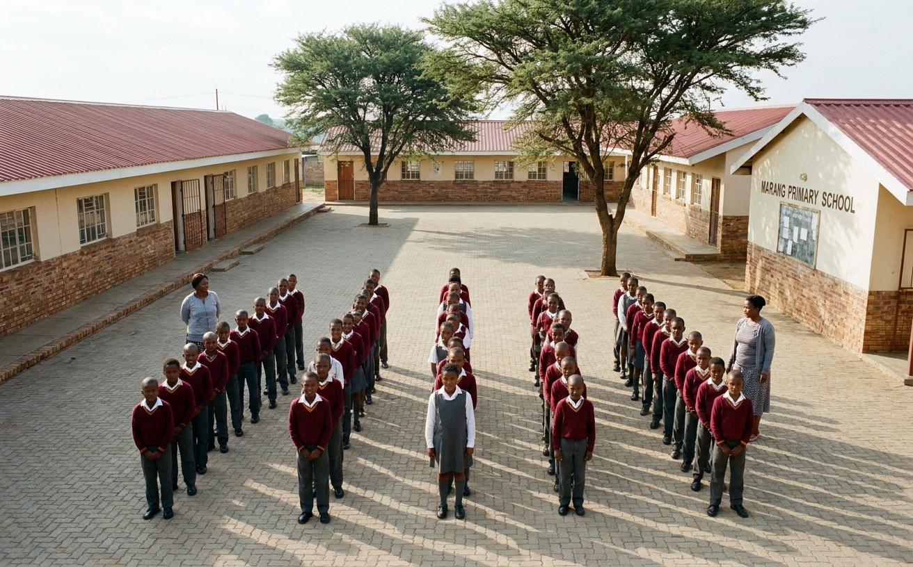 A wide morning view of Marang Primary School's quadrangle, with learners filing in for assembly under the Acacia trees.