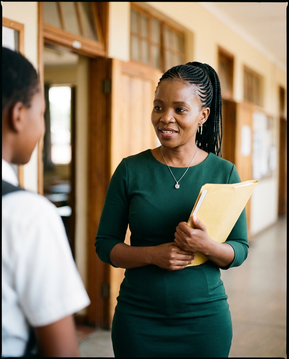Mrs. Lebogang Modise, deputy principal, mid-conversation with a learner in the corridor outside the Grade 5 classrooms.