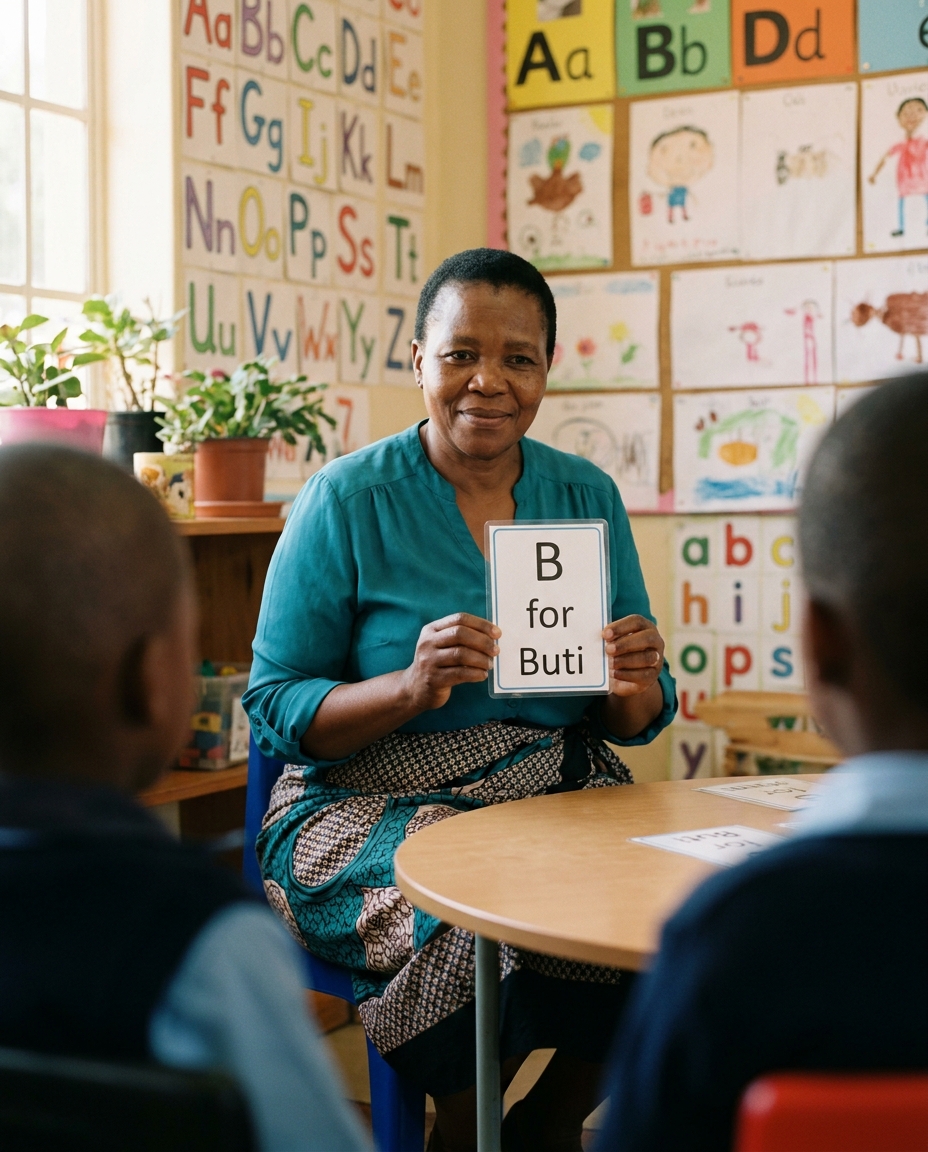 Mrs. Tebogo Sekgobela, head of Foundation Phase, sitting at a child-sized table holding up a flashcard for two Grade R learners.