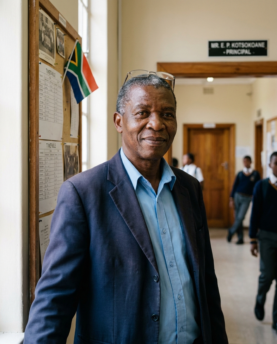 Mr. Eliphus Pule Kotsokoane, principal of Marang Primary School, in a navy jacket, standing in front of the school noticeboard.