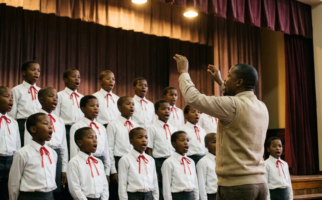 Marang Primary's choir performing at the district eisteddfod, dressed in white shirts and red ribbons.