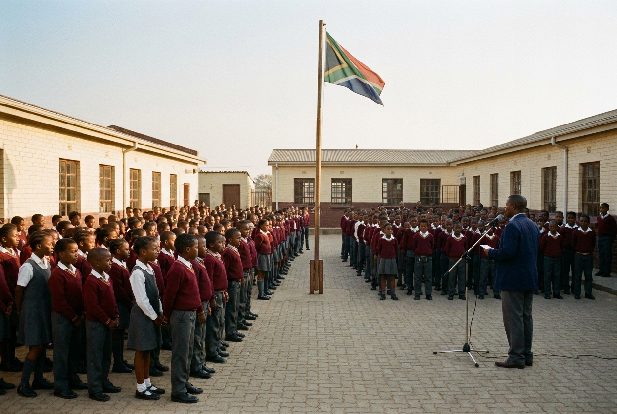 Marang Primary School learners gathered in the quadrangle for Monday morning assembly, singing the school anthem under the South African flag.