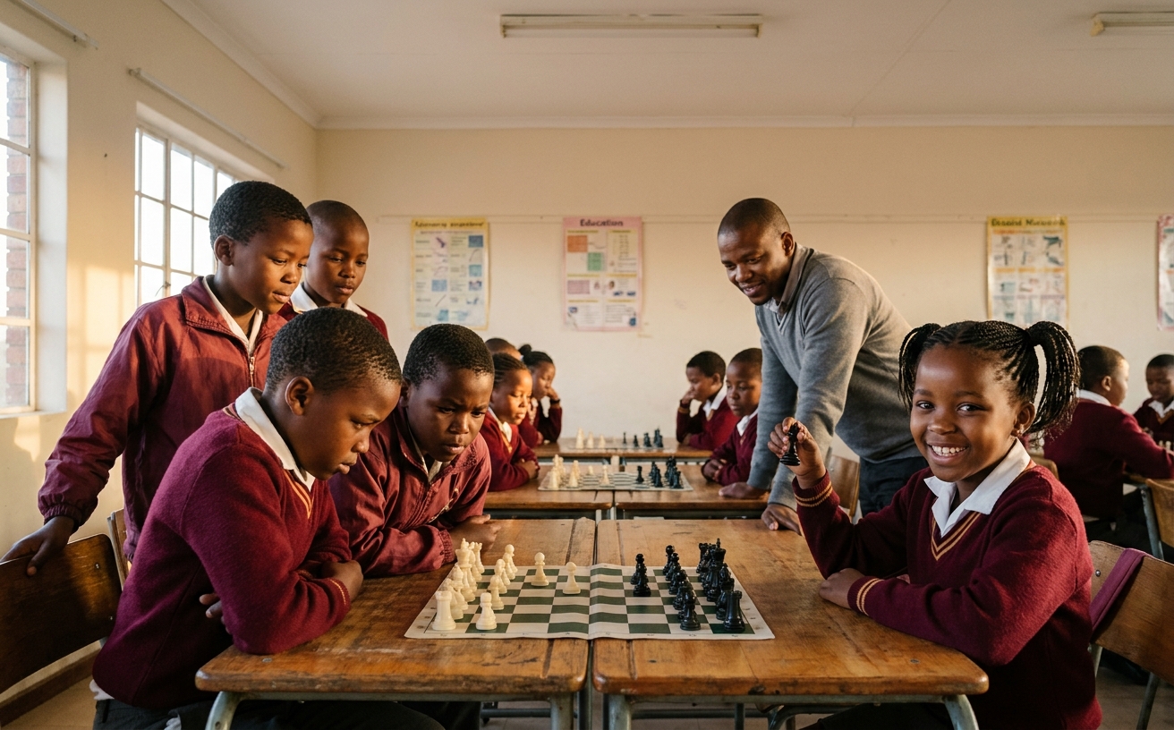 Members of the after-school chess club playing on plastic boards in a Grade 6 classroom.