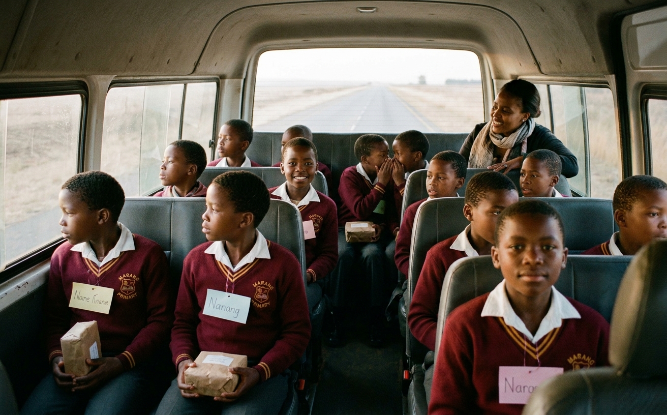 Grade 5 and 6 learners on the Mapungubwe excursion bus, holding their packed lunches.