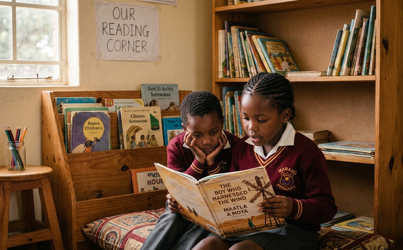 Two Grade 2 learners sit on cushions in the school's reading corner, deep into a picture book.