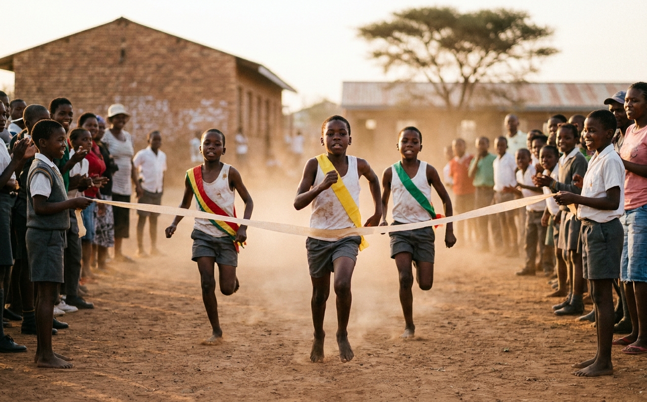 The 100m sprint final on athletics day at Marang Primary School's dust field.