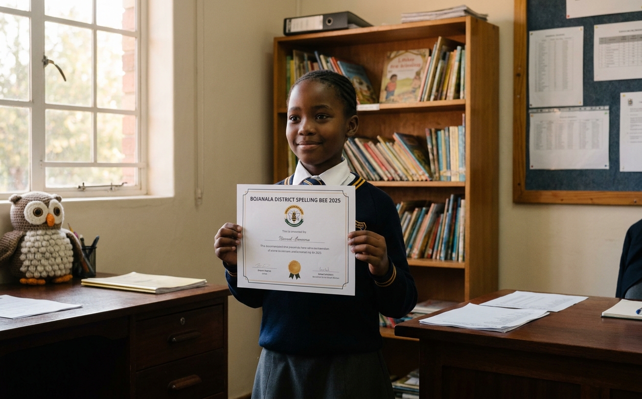 A Grade 5 learner holds the certificate she received at the Bojanala District spelling bee.