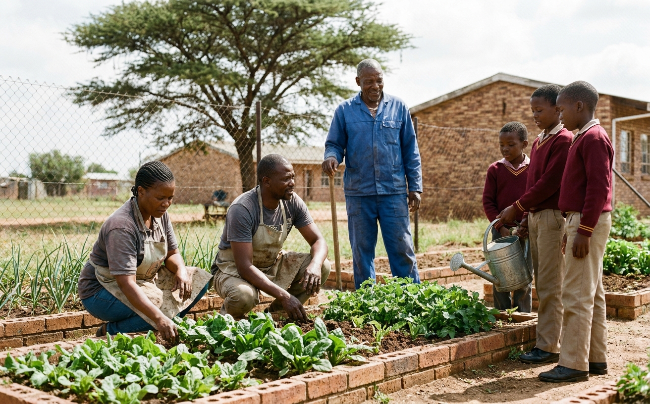 Volunteer parents and the school caretaker tend the new vegetable garden along the eastern fence of Marang Primary.