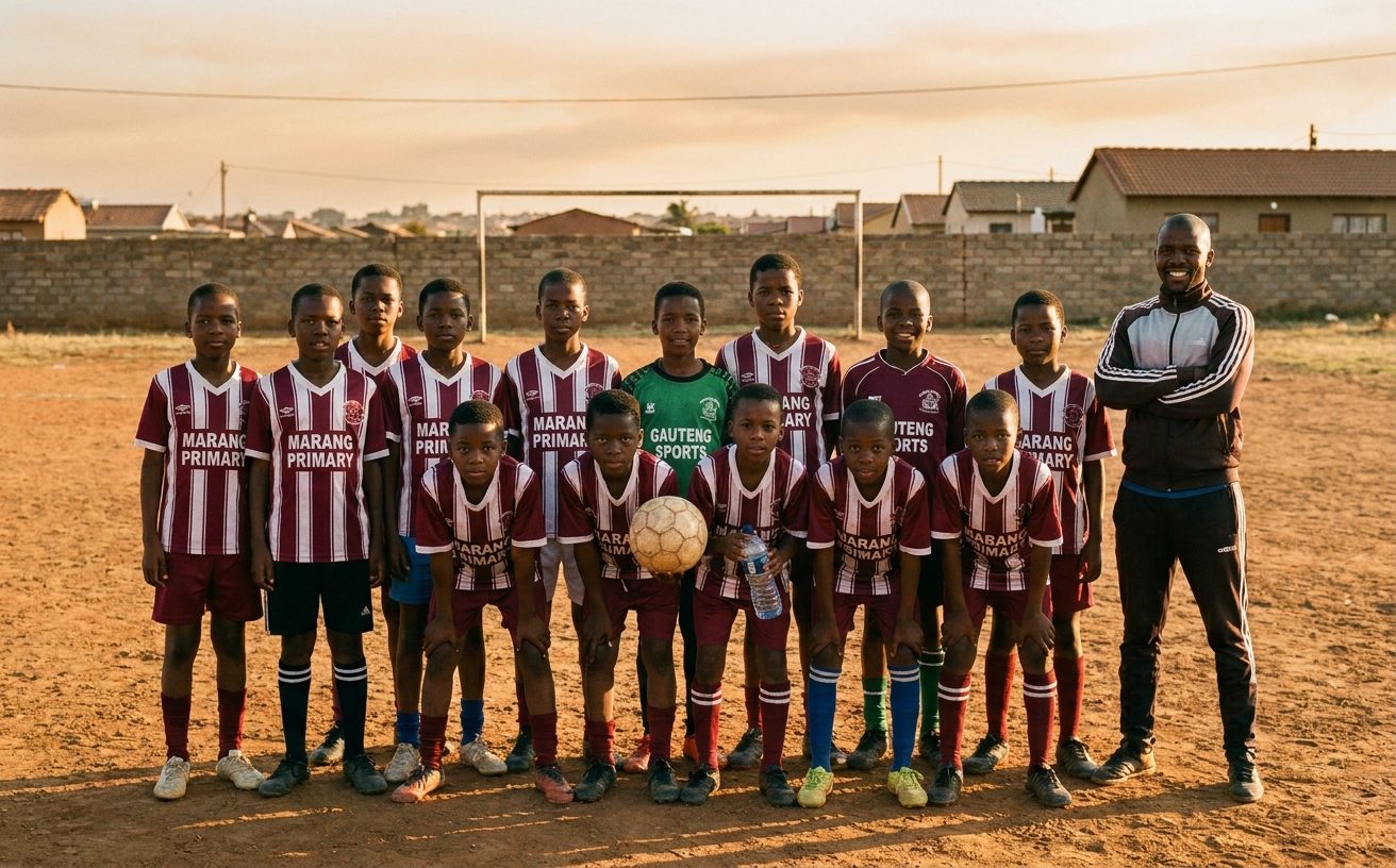 A wide group photograph of the Marang Primary u11 boys' soccer team at the end of a Saturday match.