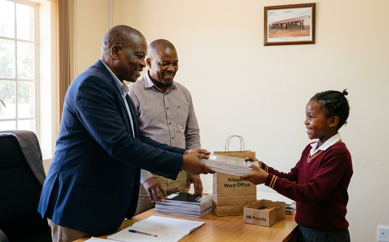The school principal hands out new exercise books donated by the Klipgat ward councillor.
