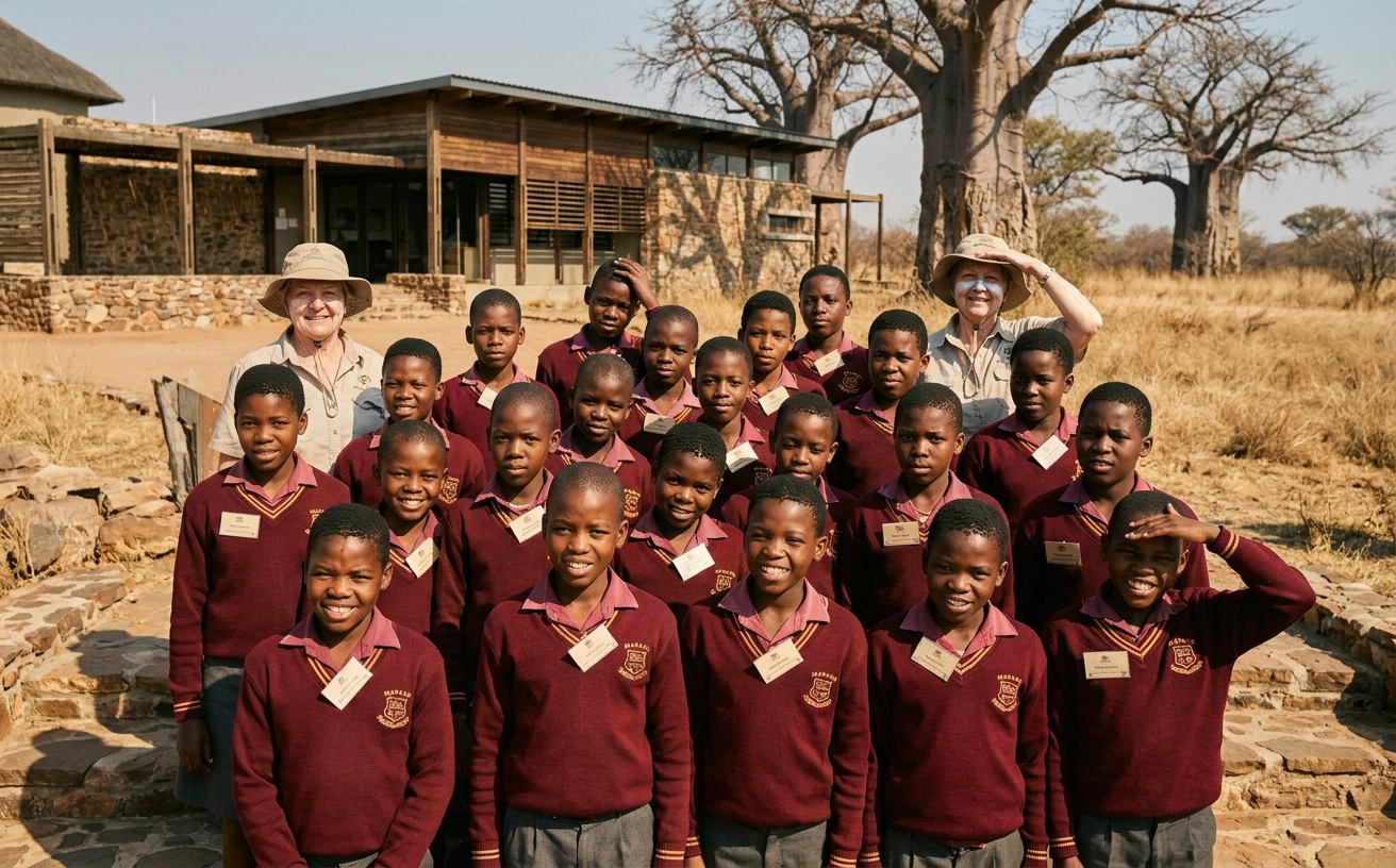 Grade 7 learners outside the Mapungubwe Heritage Site interpretation centre on their annual excursion.