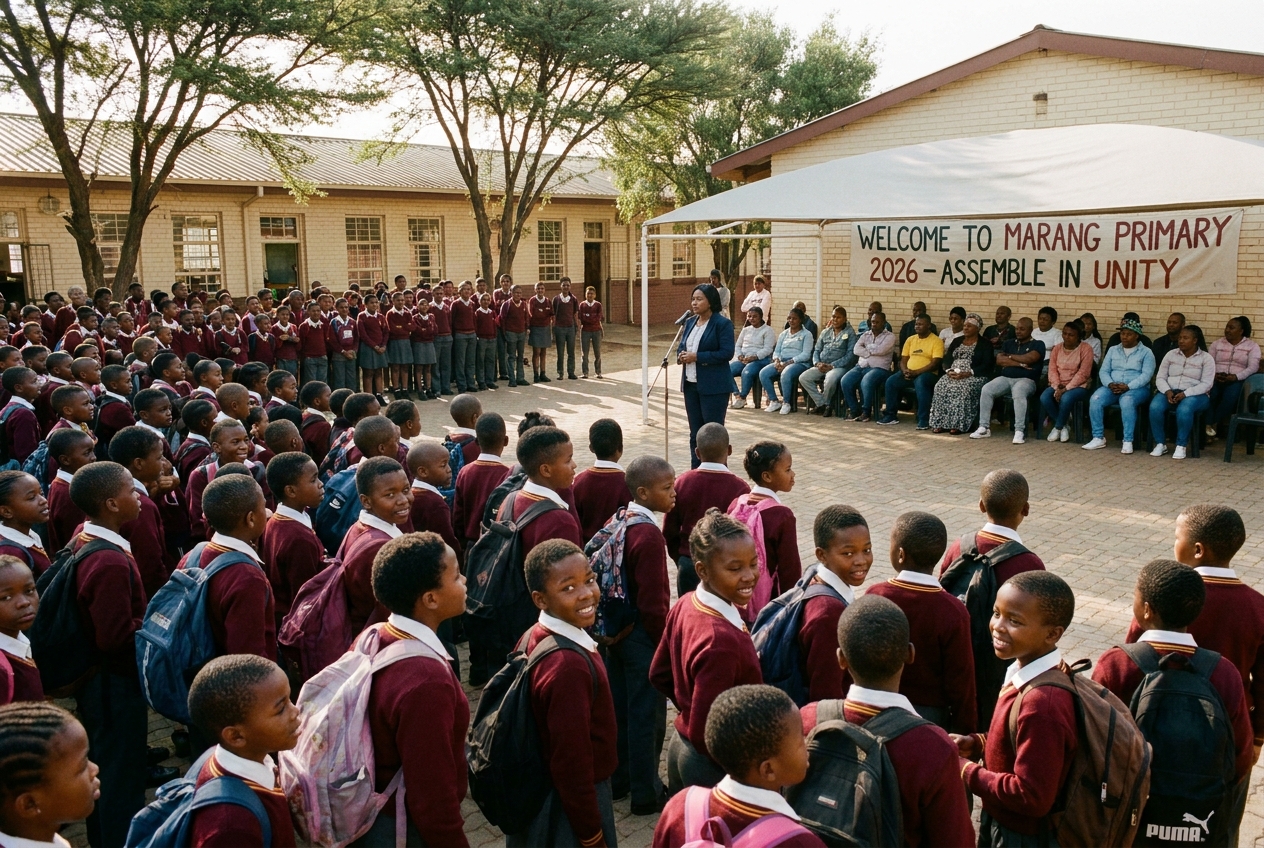 A wide shot of the Marang Primary School welcome assembly for 2026, with parents seated under an awning at the back.