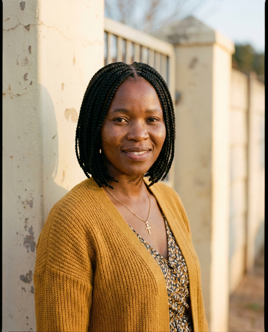 Mrs. Mokoena, a parent at Marang Primary School, smiling in a portrait taken at the school gate.