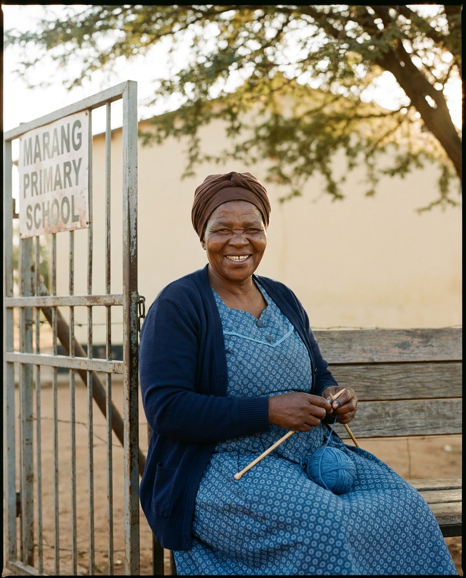 Mma Phokwane, a grandmother caregiver, sitting on a wooden bench outside the Marang school gate.