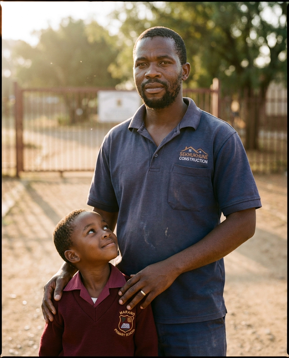 Mr. Sekhukhune, a father in his thirties, standing with his hand on his daughter's shoulder at the school gate.