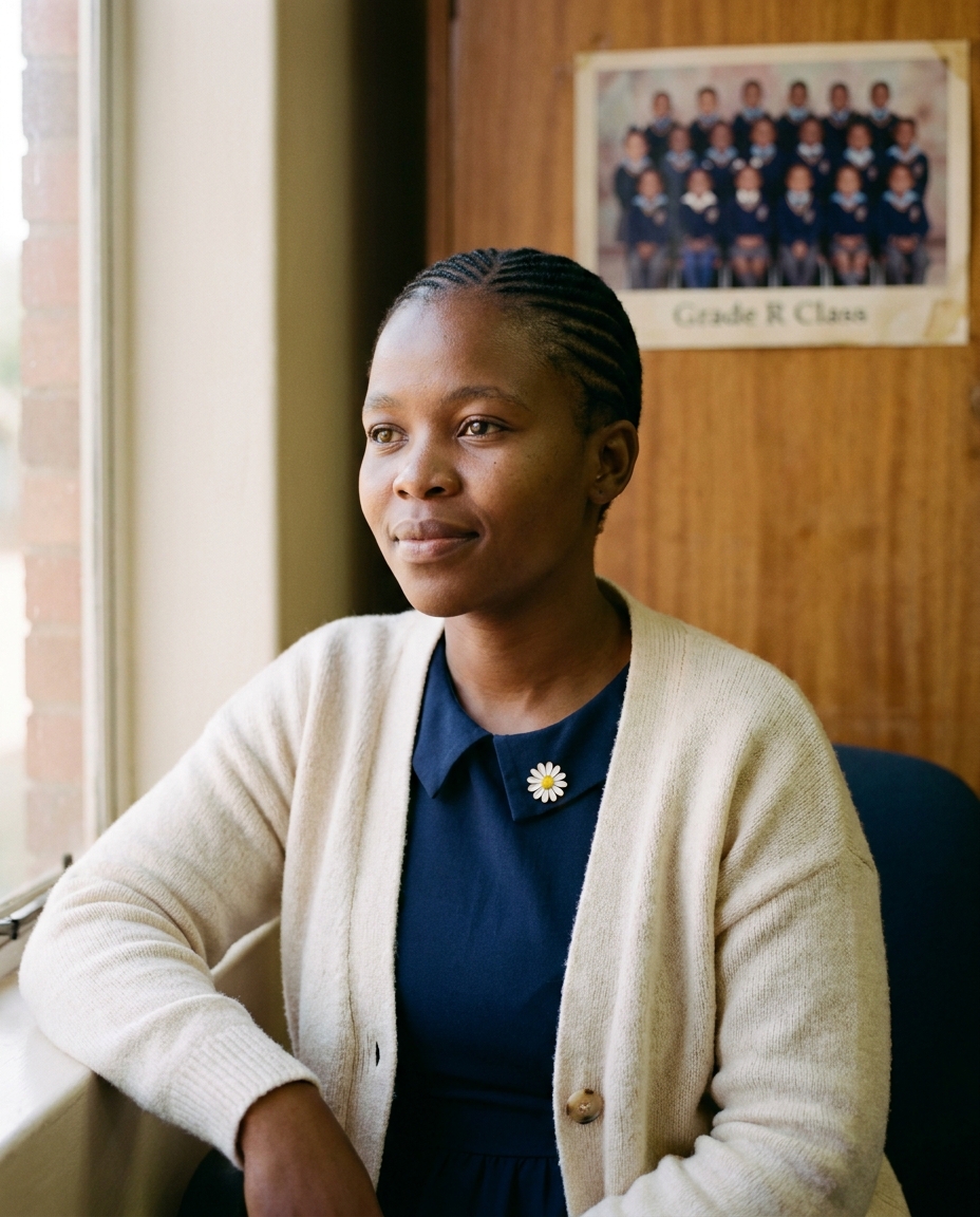 Mrs. Mahlangu, a young mother in her late twenties, in a soft cardigan, looking off-camera with a quiet smile.