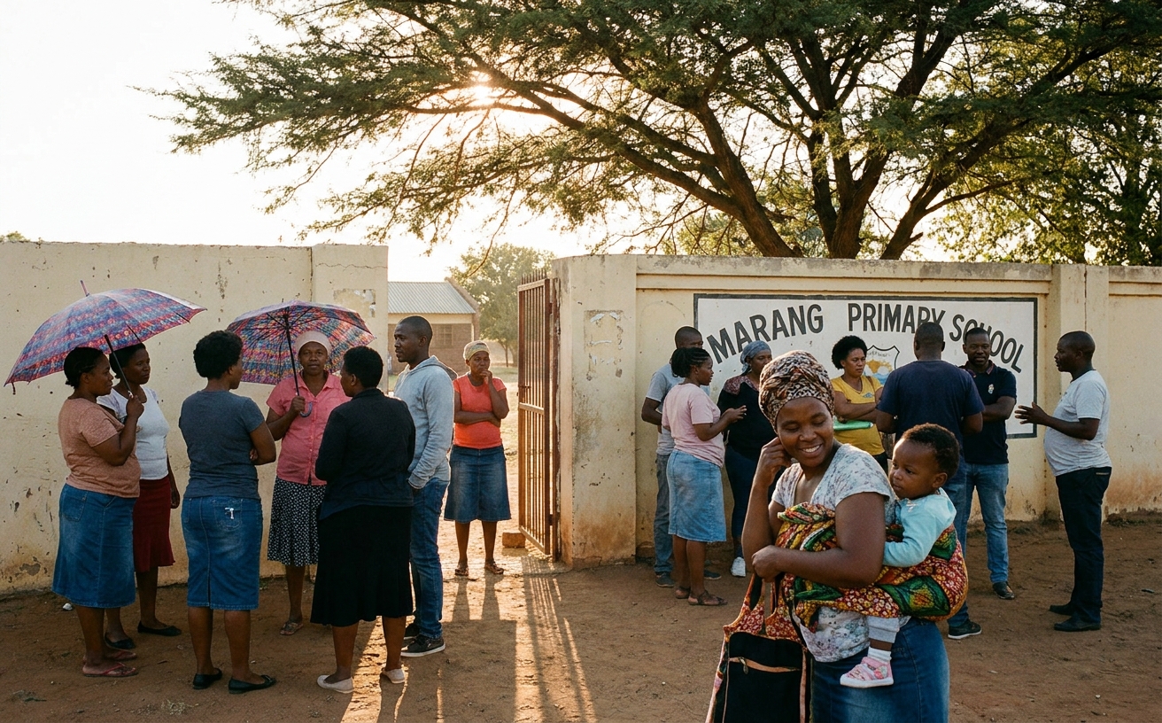 Parents waiting outside the Marang Primary School gate at the end of the day, chatting in small groups before their children come out.