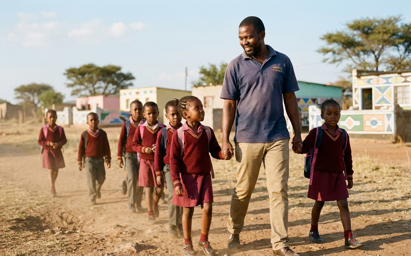 An educator walks a small group of Grade 1 learners along the path that runs from the school gate to Ndebele Village.