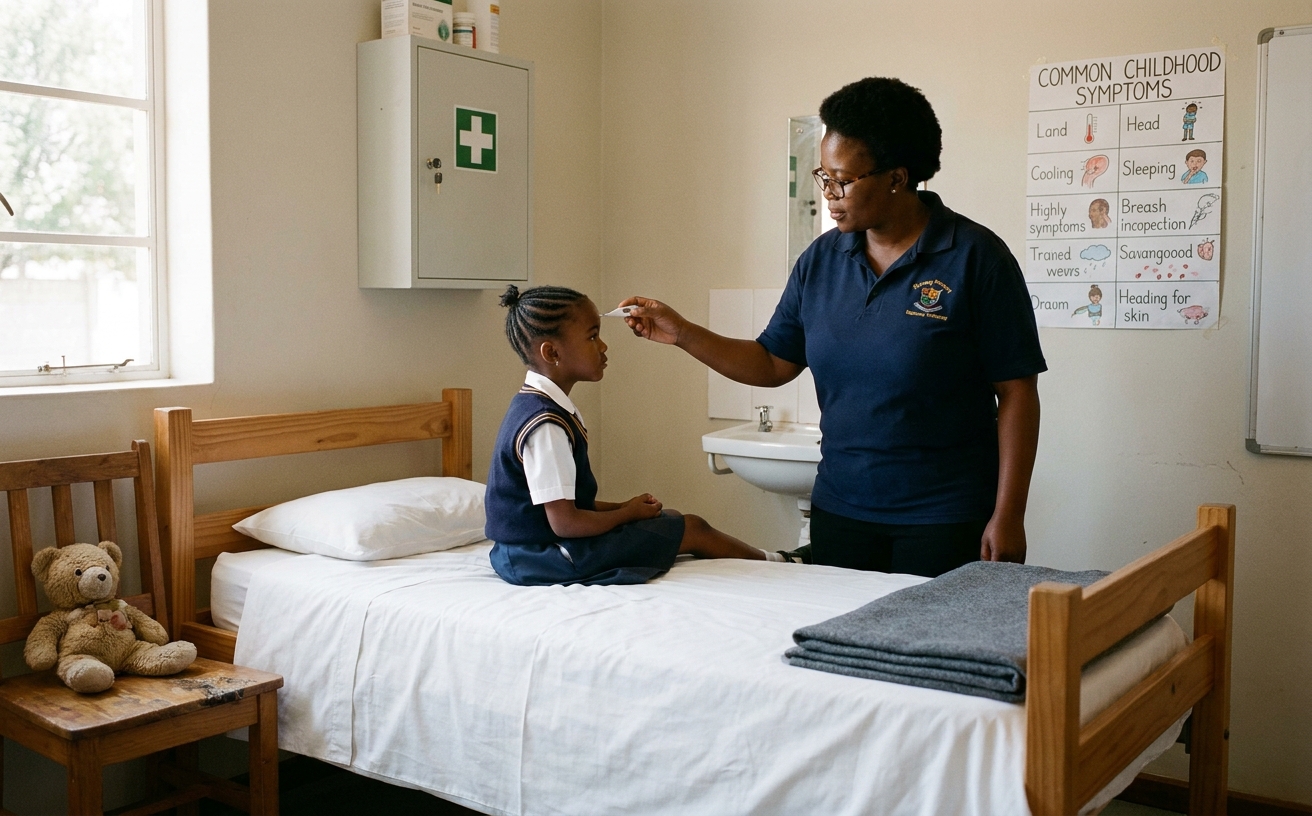 The small sick-bay at Marang Primary School: a single bed, a first-aid cabinet, and a chart of common childhood symptoms on the wall.