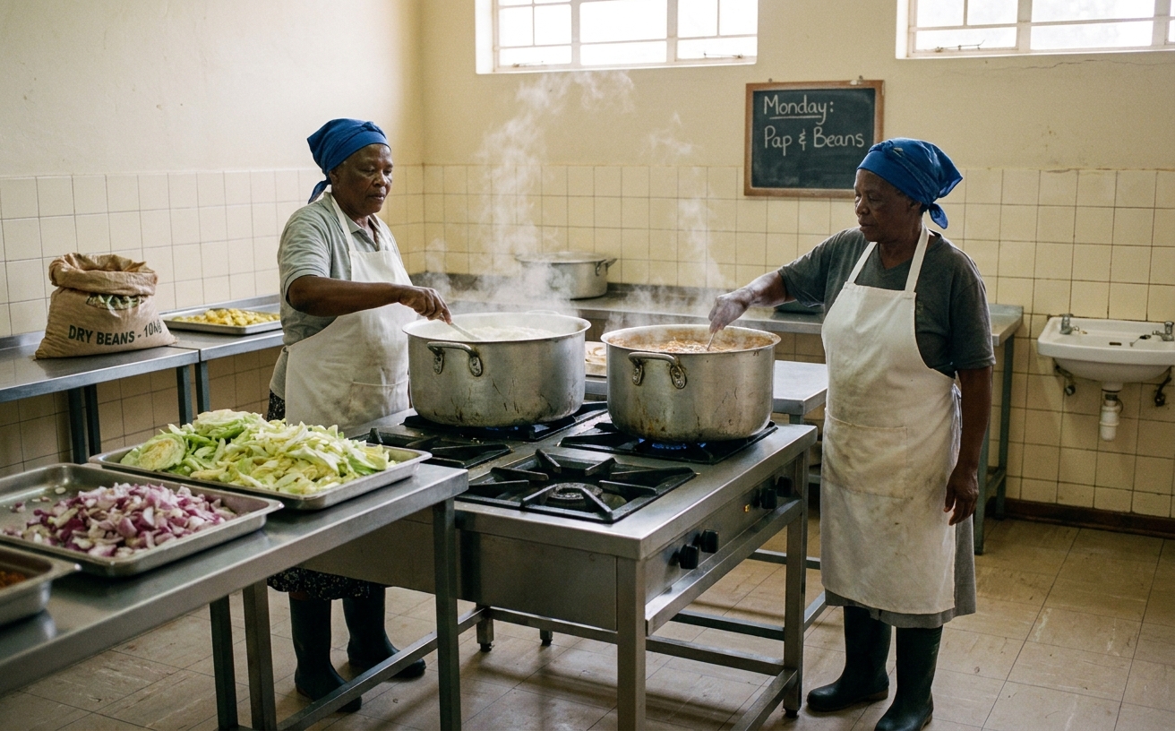 Two NSNP kitchen volunteers stir a large pot of pap and vegetable stew in Marang's school kitchen.