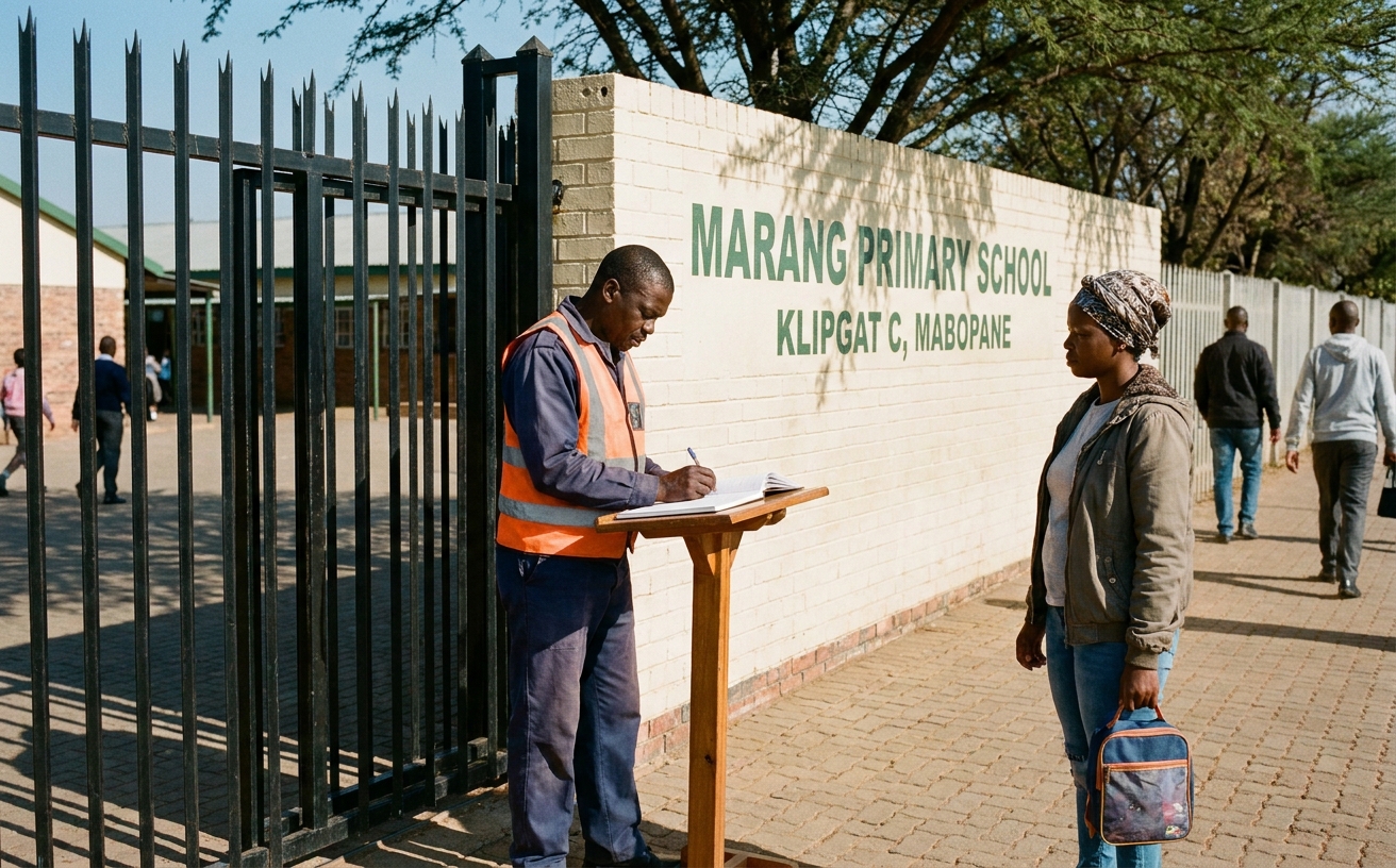 A daytime view of Marang Primary School's main gate, with the security guard signing a parent in at the visitor book.
