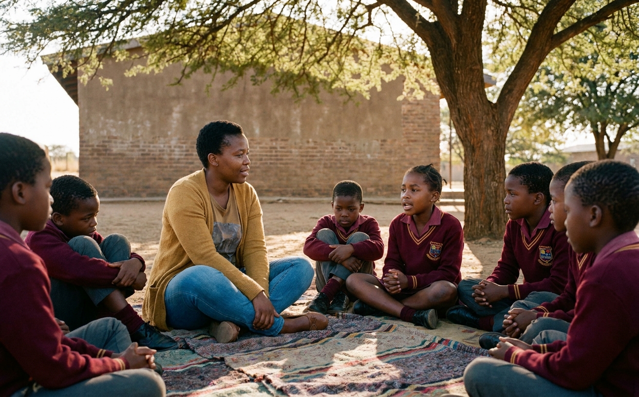 A wellbeing assembly under the school's main shade tree, with the visiting counsellor leading a circle conversation with Grade 5 learners.