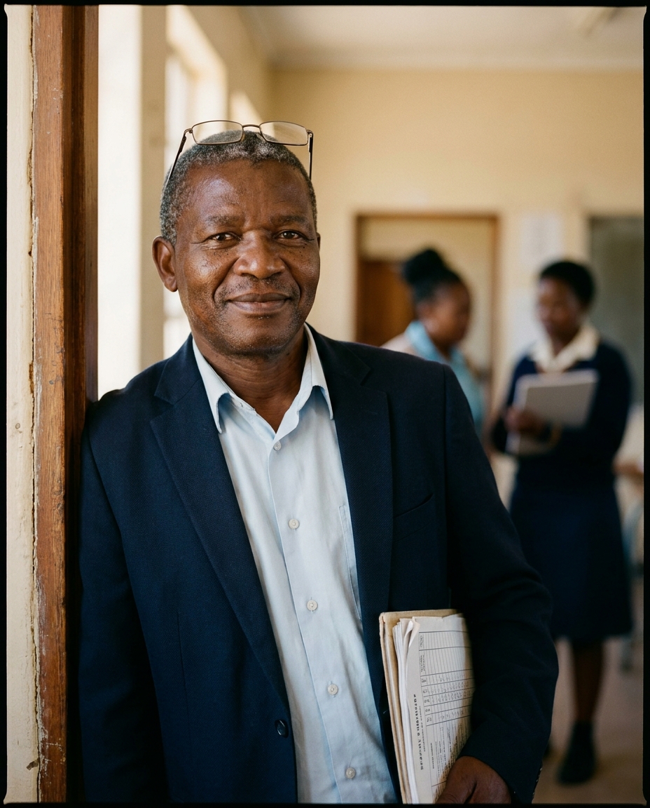 Mr. Eliphus Pule Kotsokoane, principal of Marang Primary School, leaning against a classroom doorway, in conversation with two of his teachers.