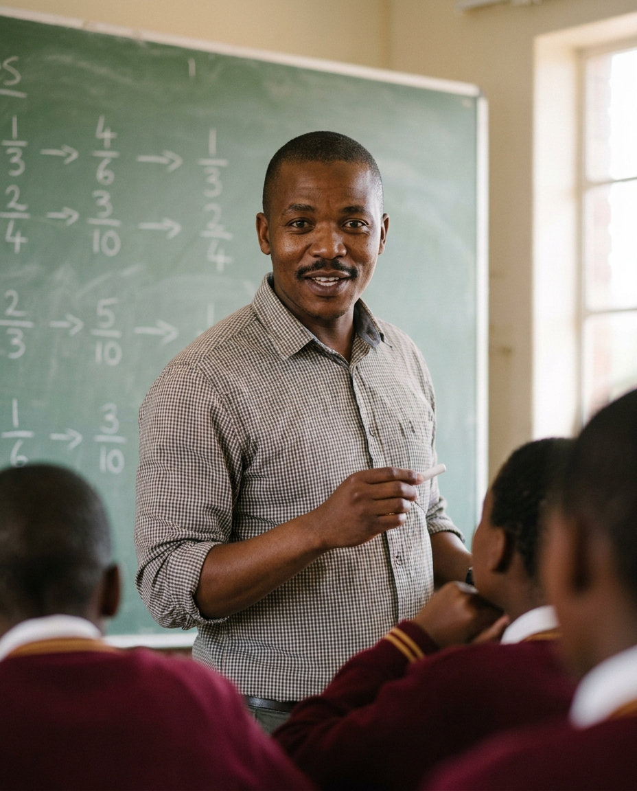 Mr. Thabo Sekhukhune, mathematics and natural sciences lead, at the chalkboard explaining fractions.